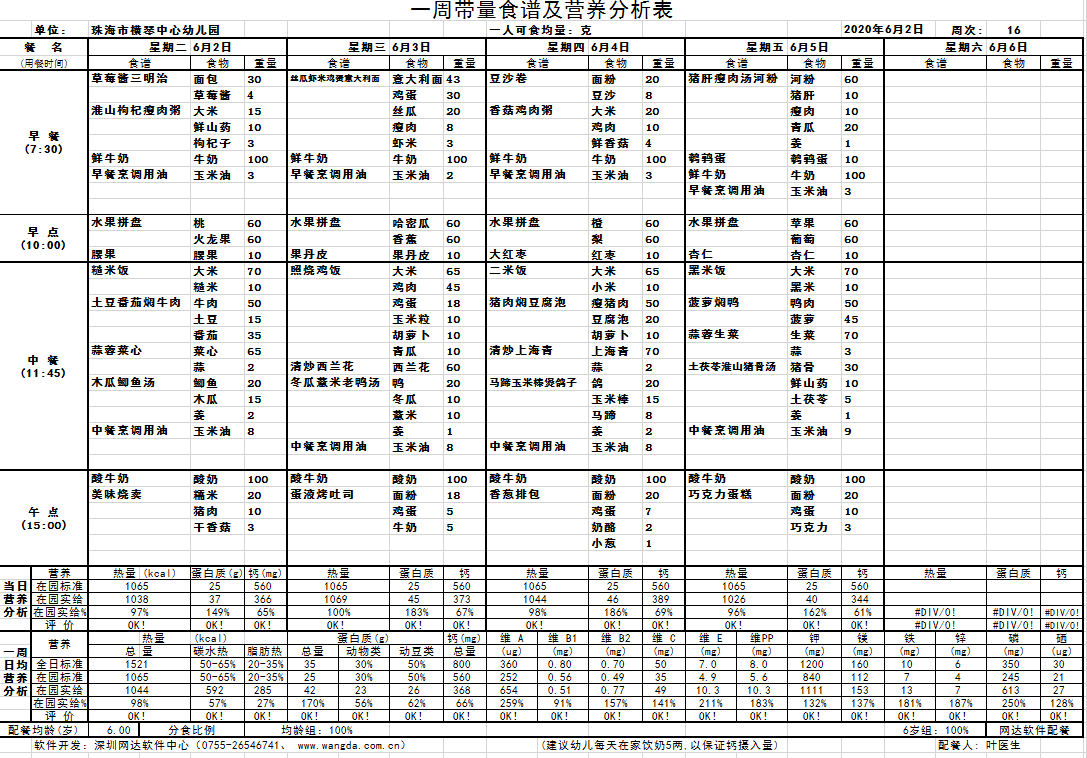 第16周配餐带量食谱表-珠海市横琴中心幼儿园,横琴